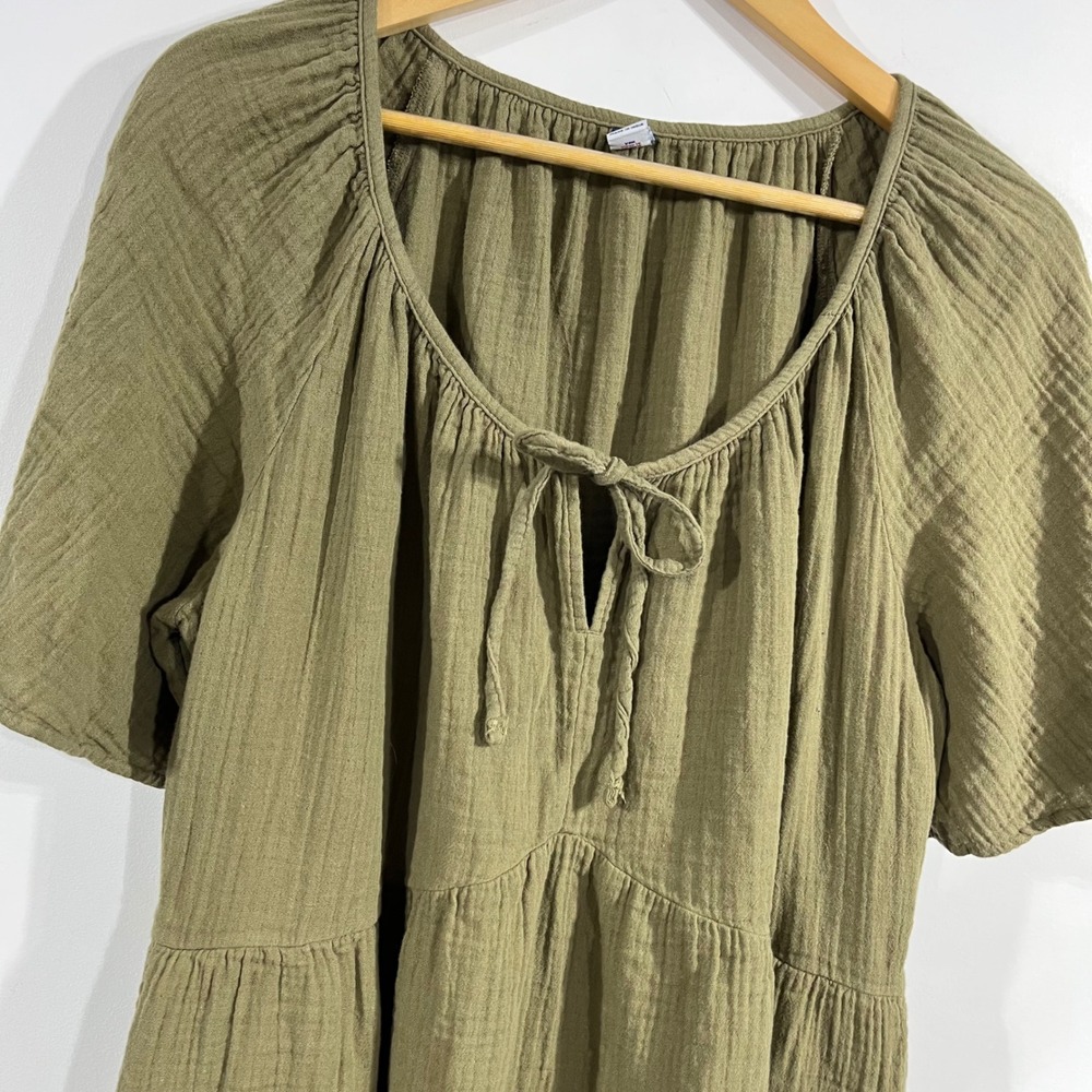 Old Navy Boho Granola Olive Green Cotton Gauze Tiered Dress Dark Cottagecore L - Picture 2 of 8